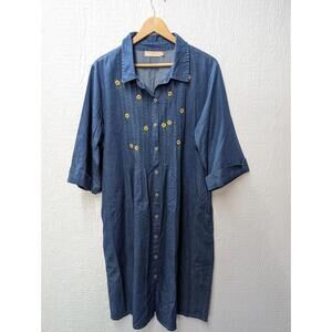La Cera Dark Chambray Sunflower Embroidered Dress Pockets Women's Size XL